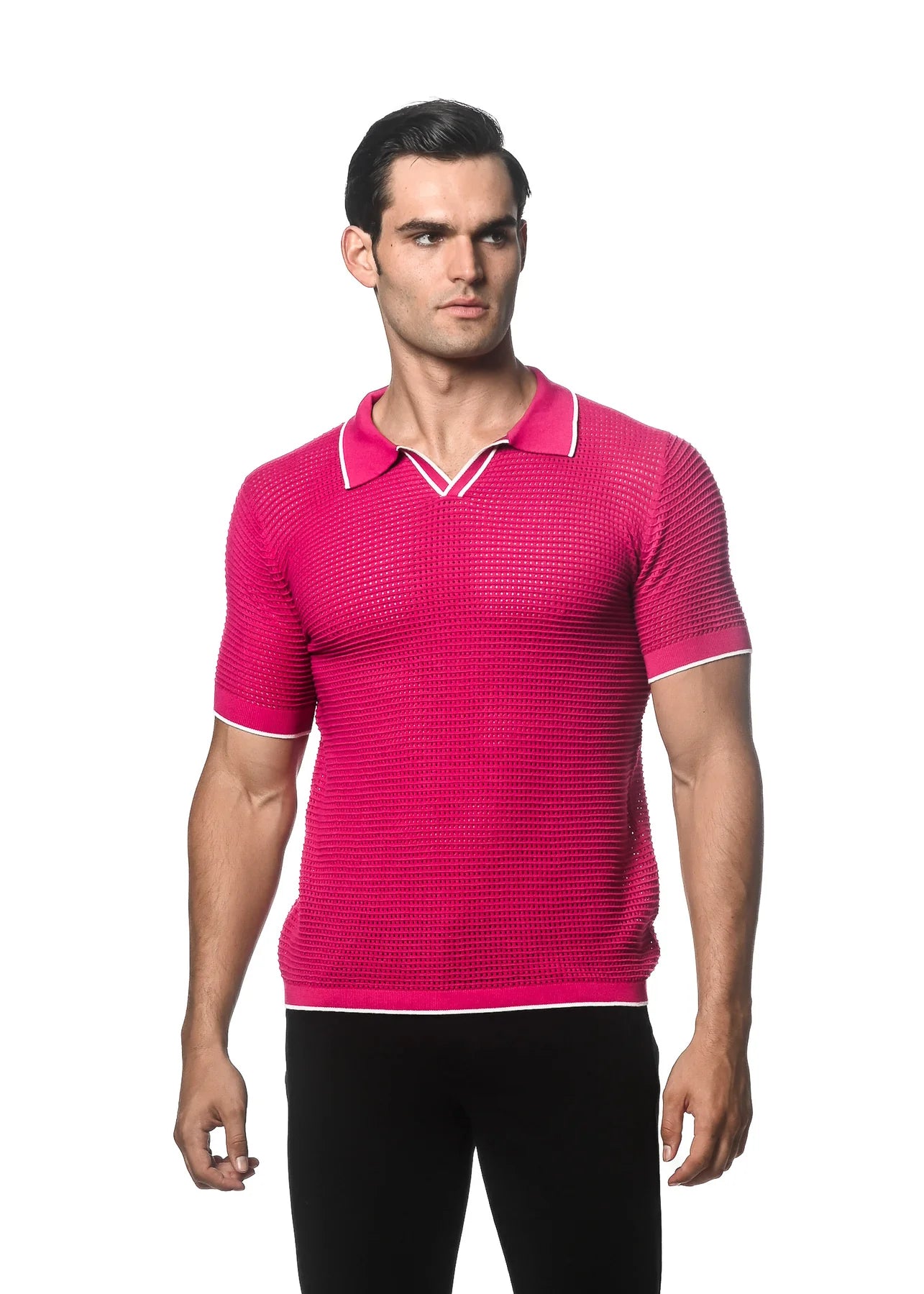 Mesh Knitted Johnny Collar Polo w/Tipping