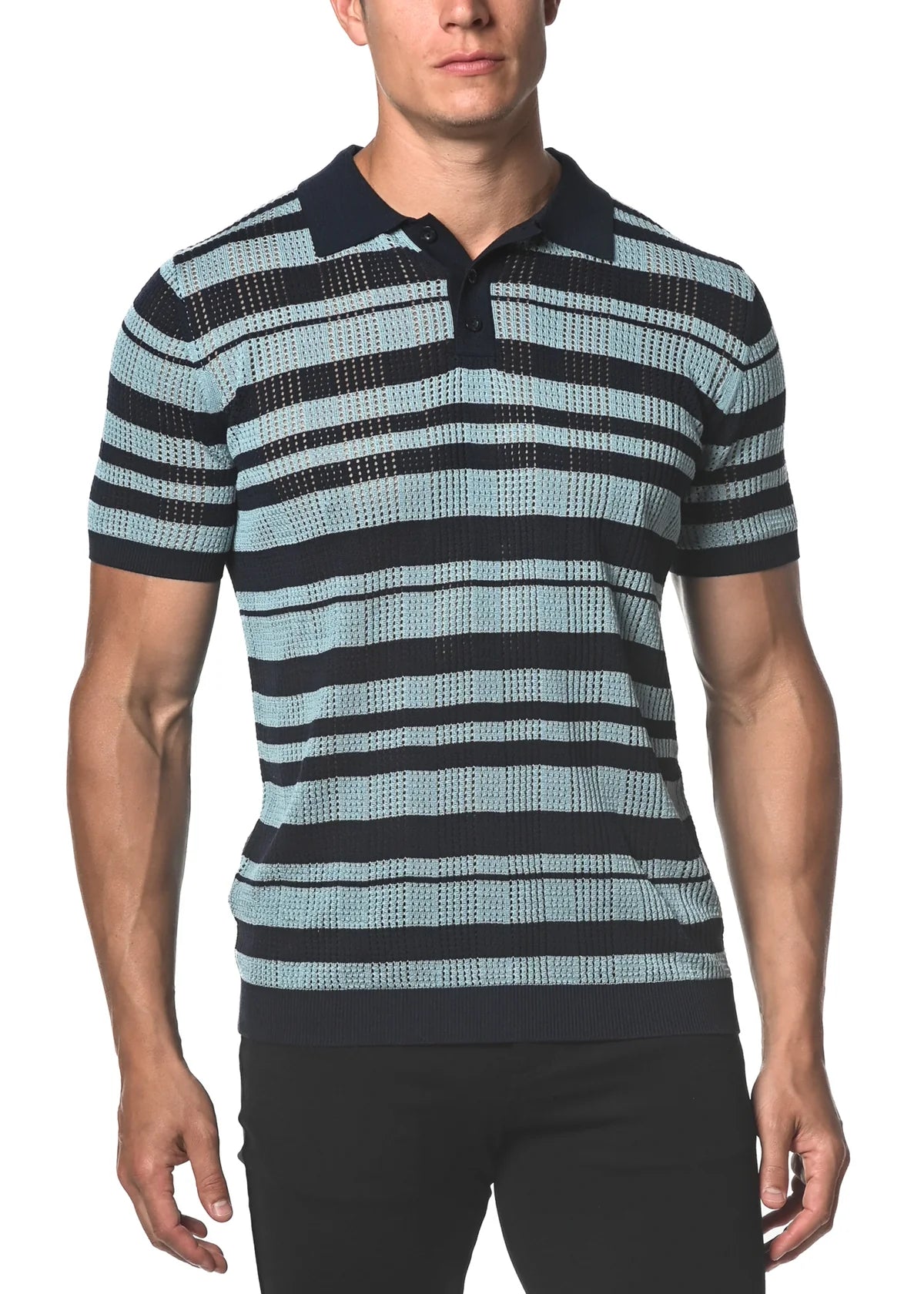 Silk/Tencel Stripe Mesh Knit 3-Button Polo