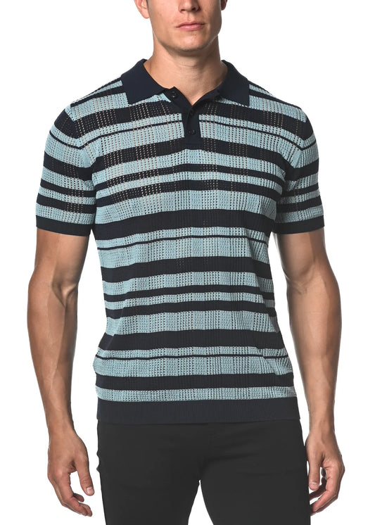 Silk/Tencel Stripe Mesh Knit 3-Button Polo