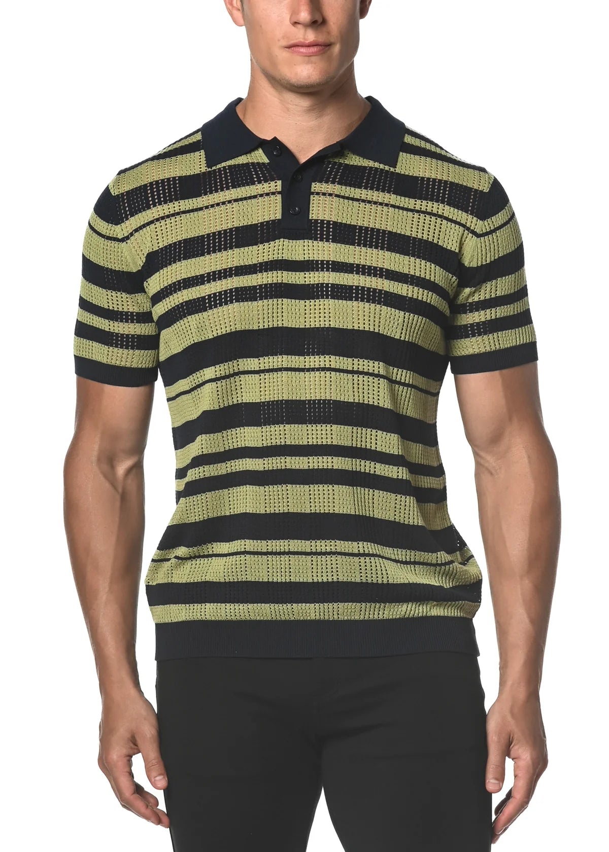 Silk/Tencel Stripe Mesh Knit 3-Button Polo