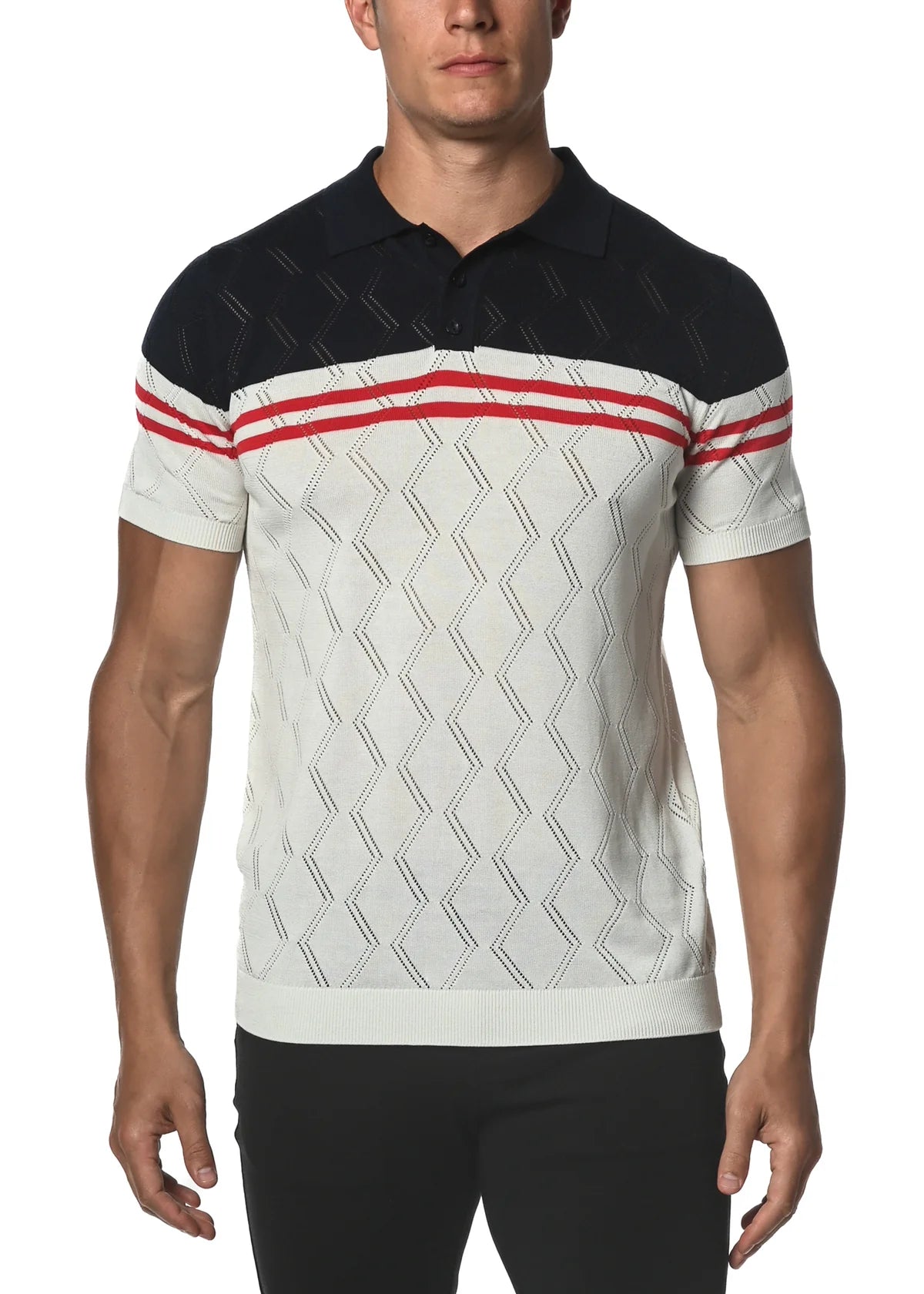 Silk/Tencel ZigZag Stripes Knit 3-Button Polo