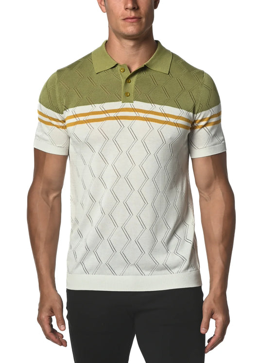 Silk/Tencel ZigZag Stripes Knit 3-Button Polo