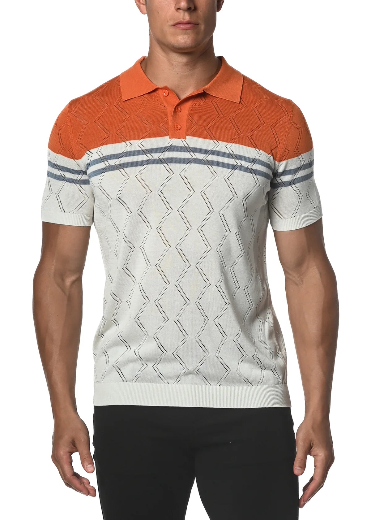 Silk/Tencel ZigZag Stripes Knit 3-Button Polo
