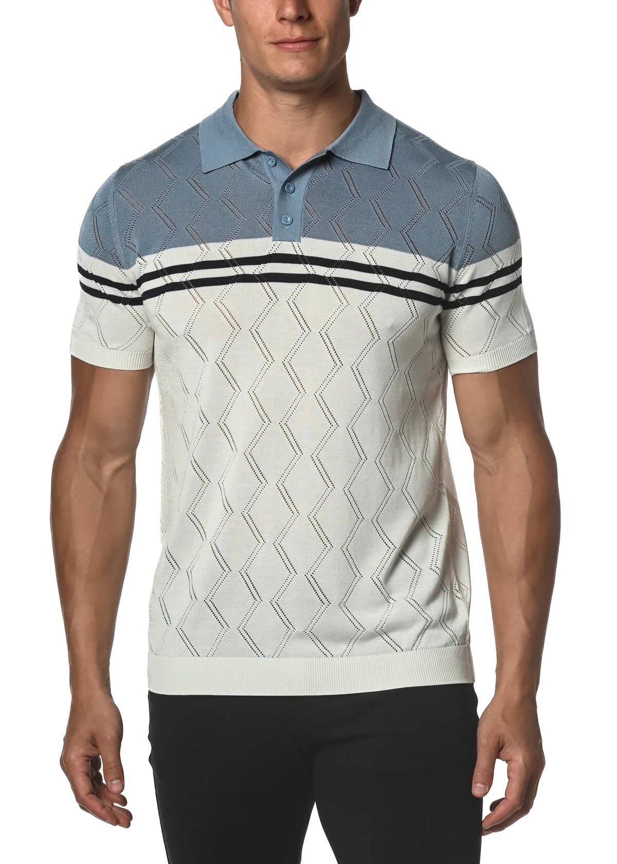 Silk/Tencel ZigZag Stripes Knit 3-Button Polo