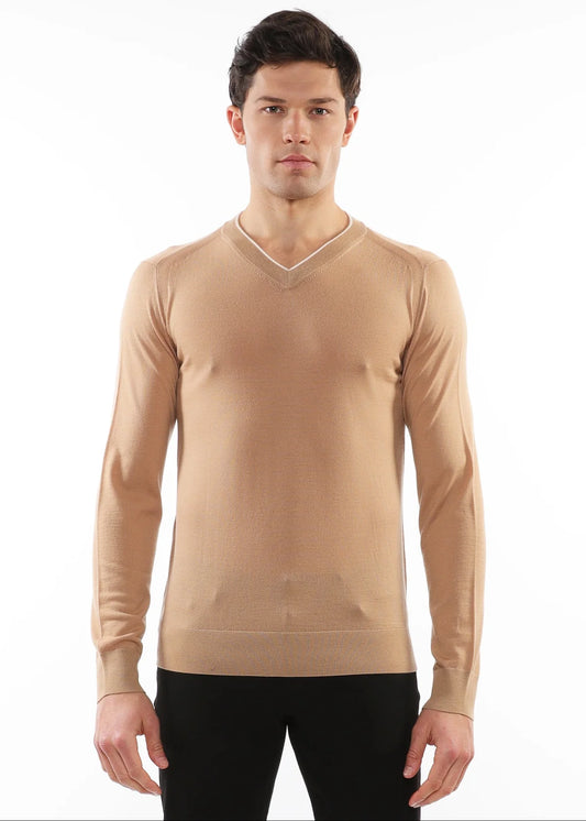 Contrast V-Neck Lightweight Fine Knit Wool Sweater
