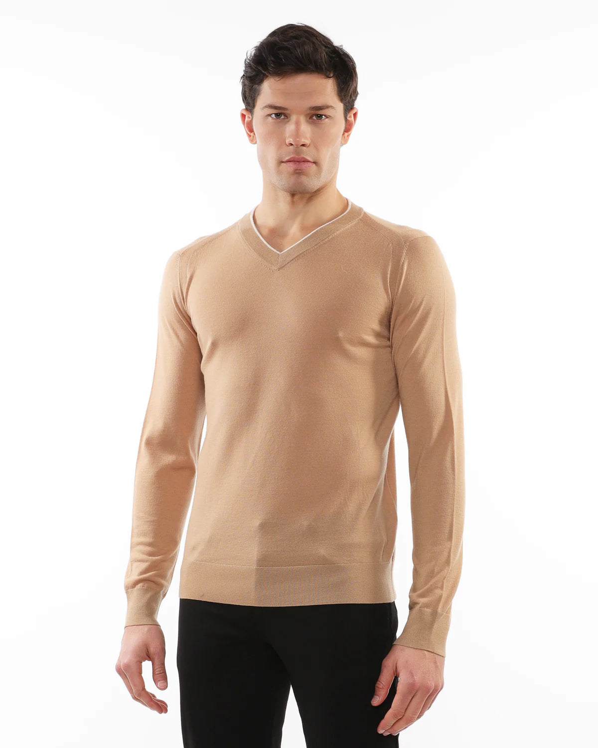 Contrast V-Neck Lightweight Fine Knit Wool Sweater