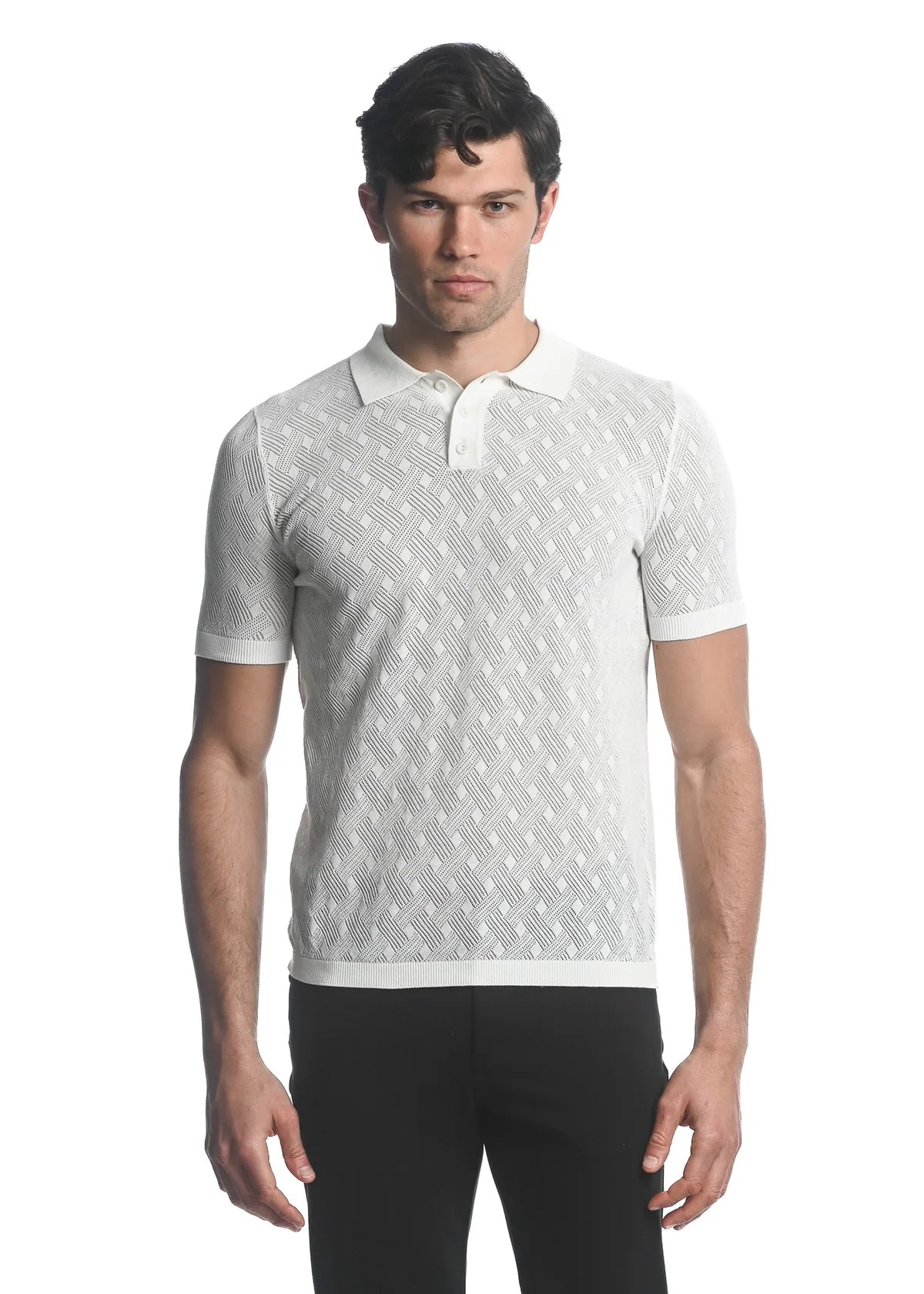 Cotton 3-Button Textured Cross Weave Knit Polo