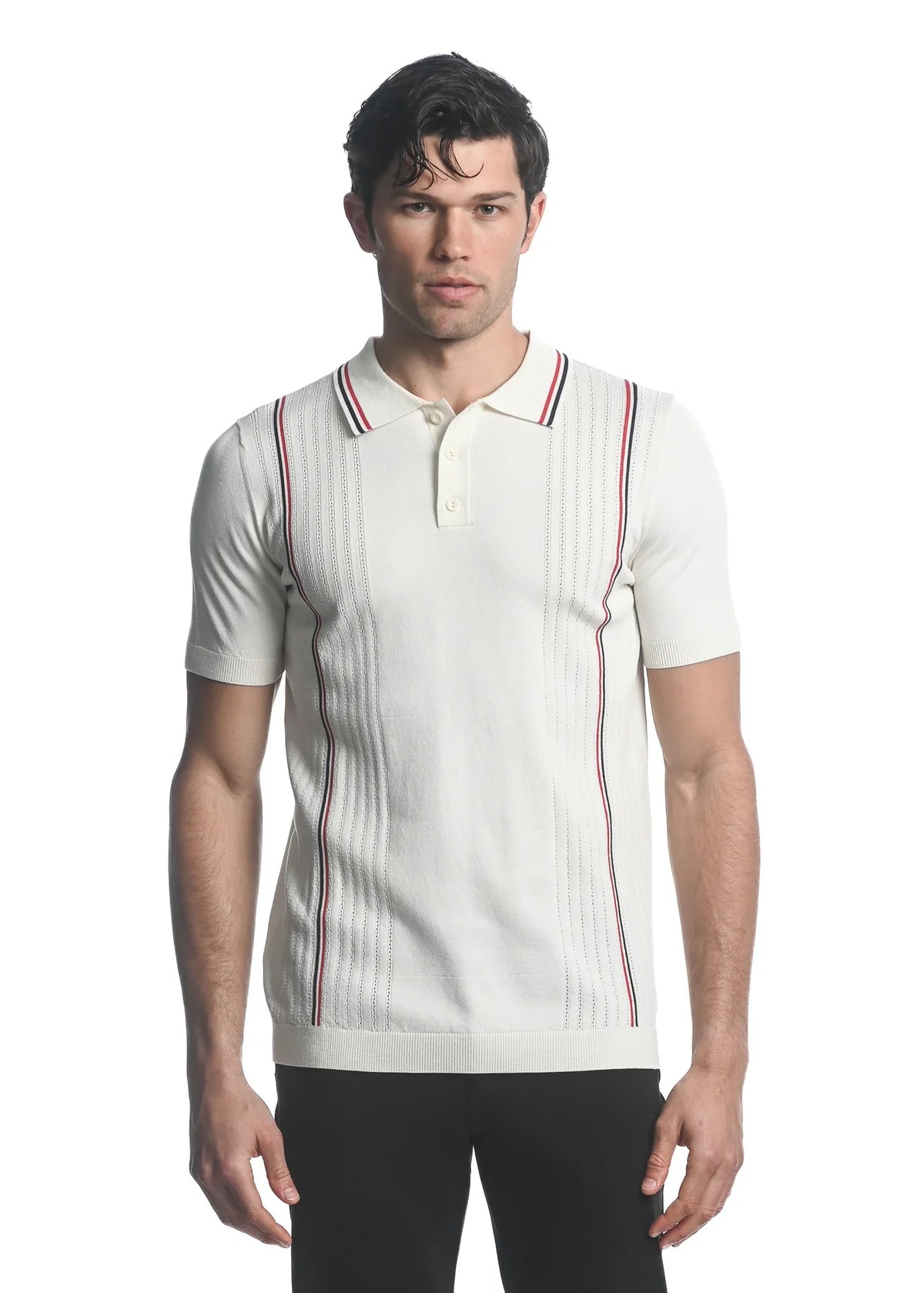 Silk Tencel 3-Button Textured Knit Polo w/Vertical Stripes
