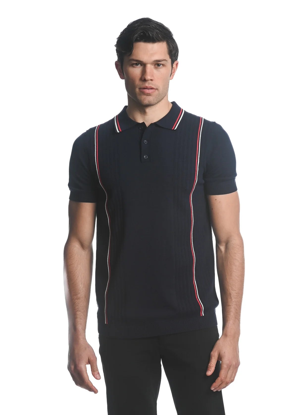 Silk Tencel 3-Button Textured Knit Polo w/Vertical Stripes