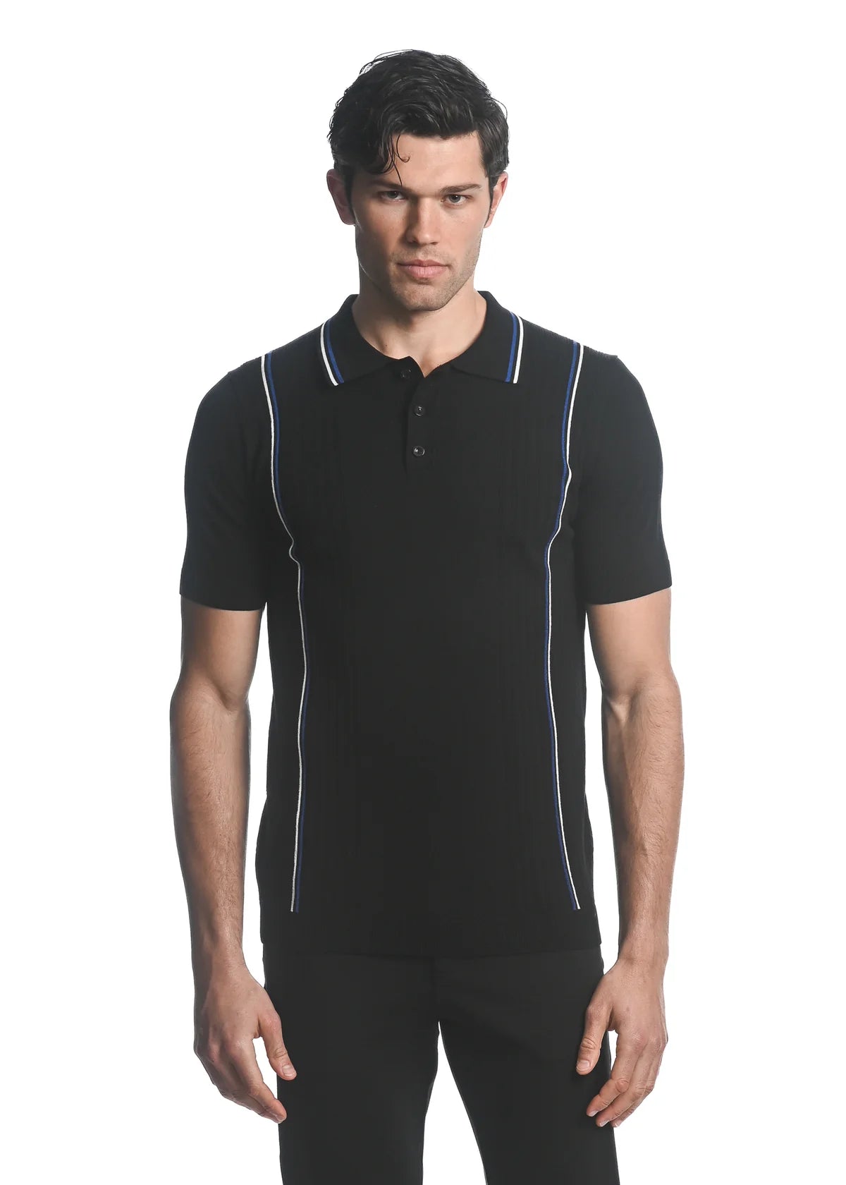 Silk Tencel 3-Button Textured Knit Polo w/Vertical Stripes