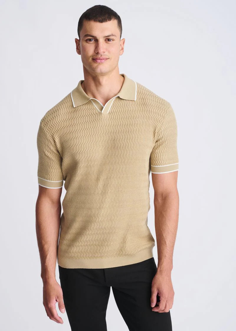 Textured Cotton Johnny Collar Knit Polo