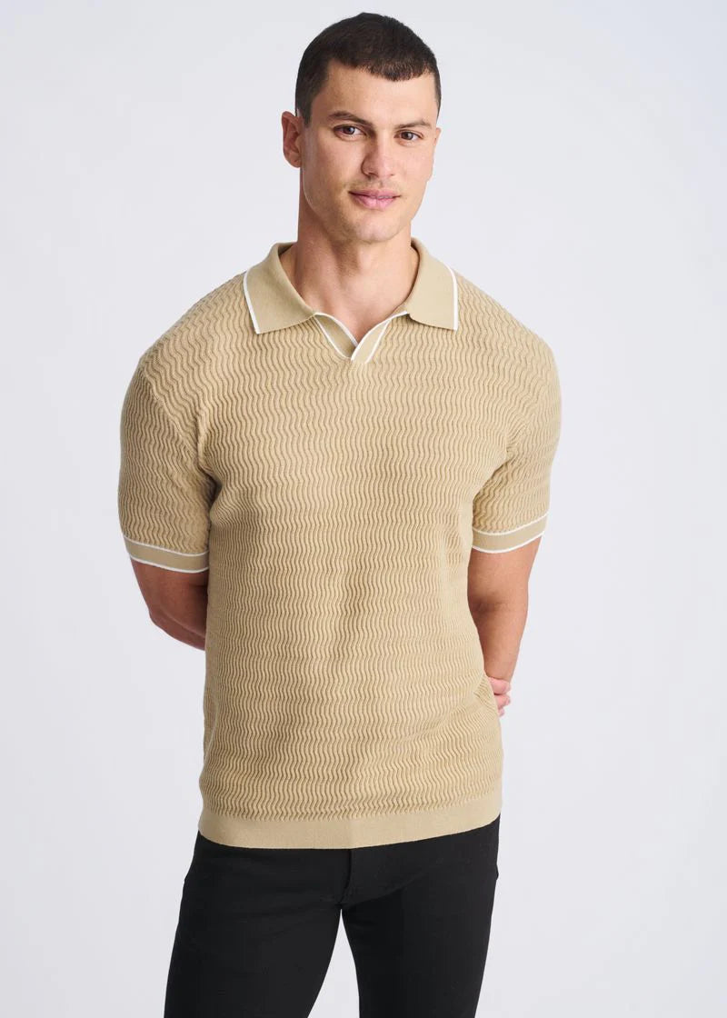 Textured Cotton Johnny Collar Knit Polo