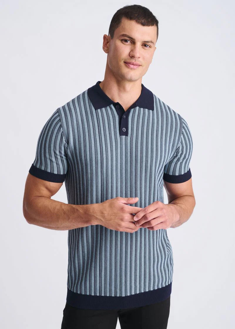 Textured Stripes Silk/Tencel 3-Button Knit Polo