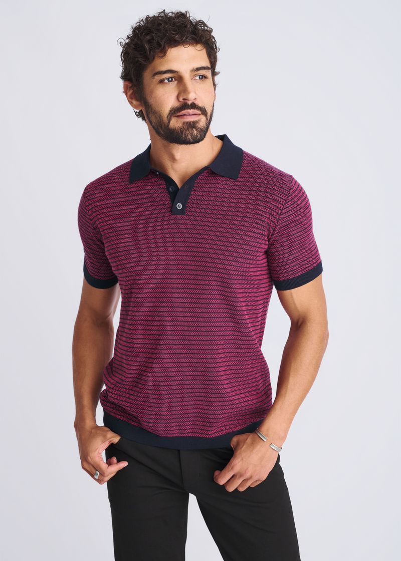 Two Tone Textured Cotton 3-Button Knit Polo