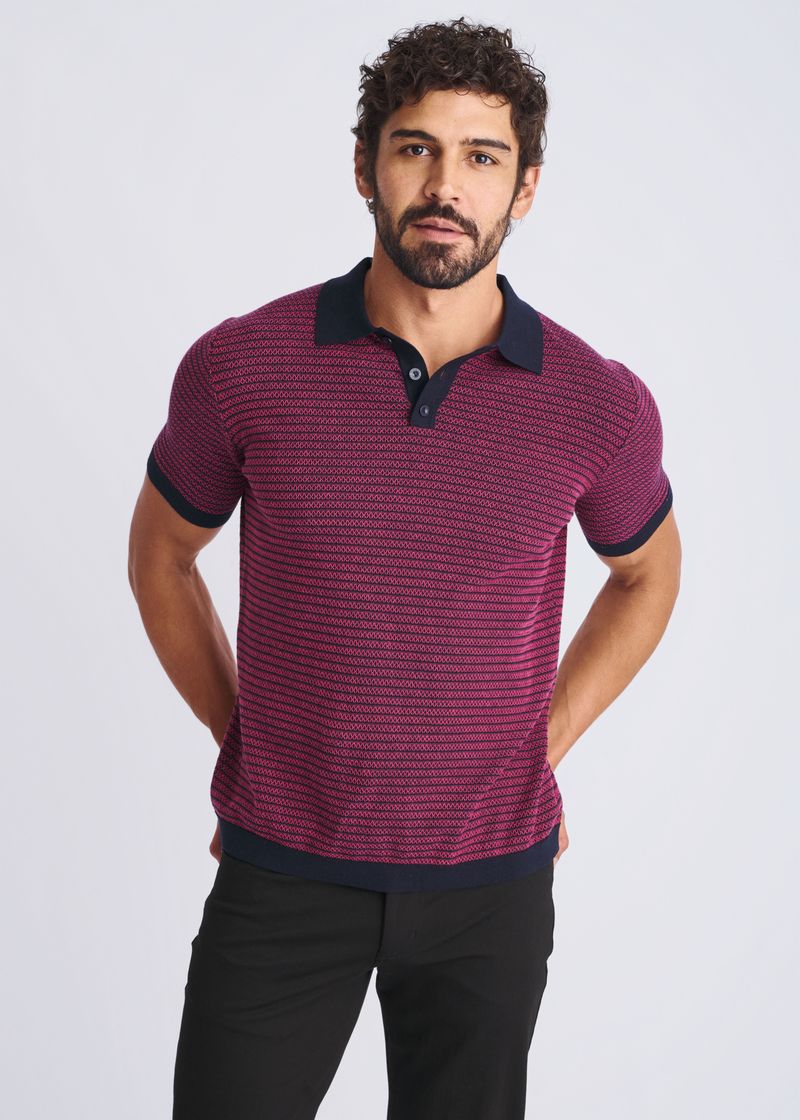 Two Tone Textured Cotton 3-Button Knit Polo